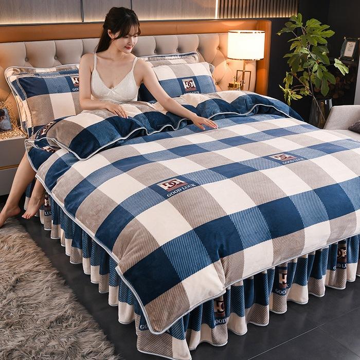 Thickened Milk Fleece Four-Piece Warm Double-Sided Coral Fleece Quilt Cover Flannel Sheet Bed Skirt Bedding