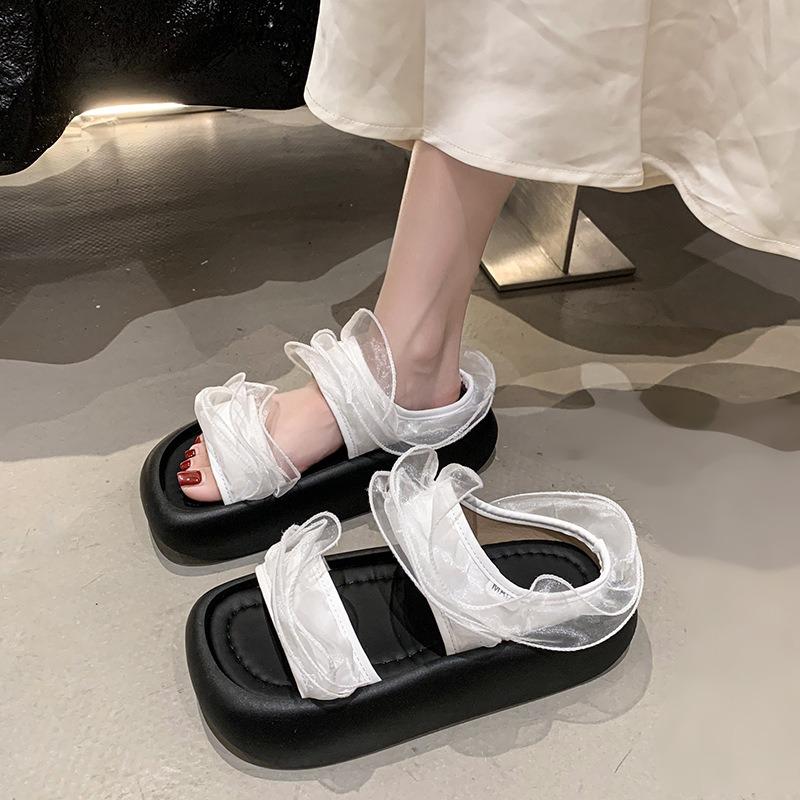 Lace Lace One-word Drag Women's Summer New Thick-soled Retro Outer Slippers Heightened Small Cool Slippers
