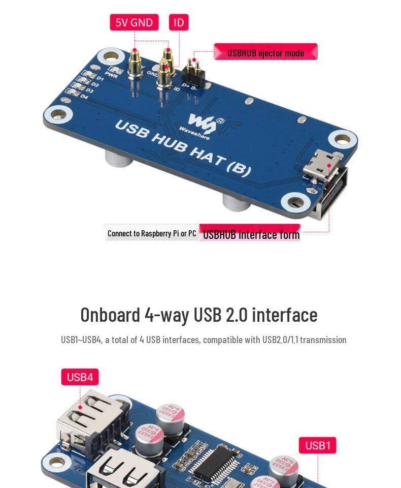 Raspberry Pi 4/Zero USB 2.0 4-Port Erweiterungsplatine mit Pin-Header-Design