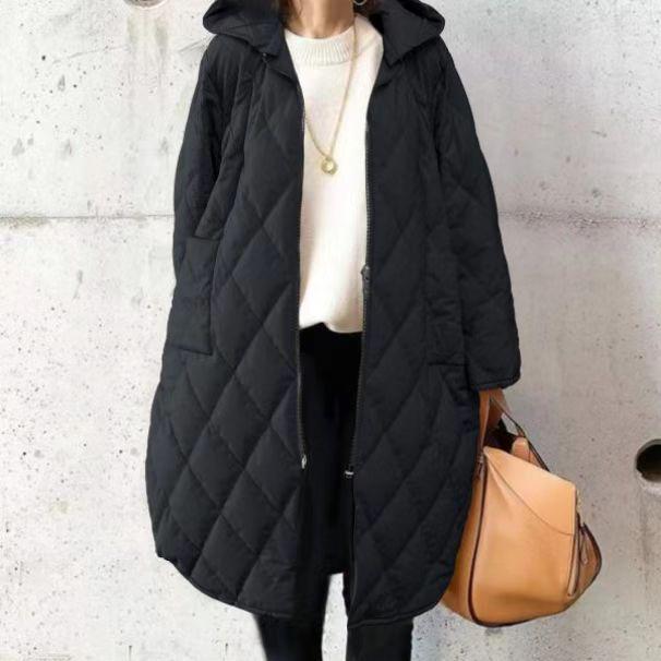2024 Autumn/Winter Women's Diamond-Pattern Hooded Cotton Jacket with Pockets