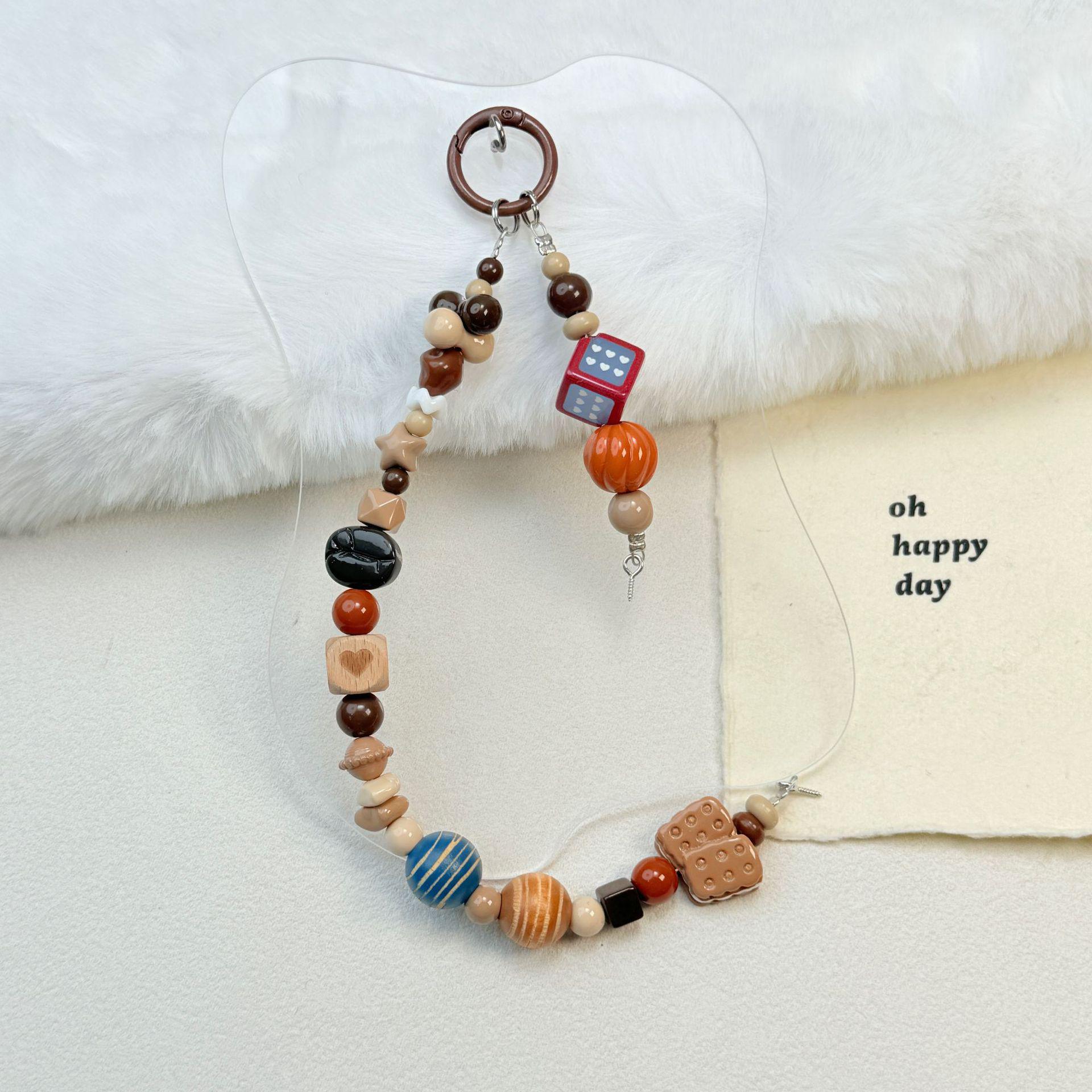 Beaded DIY Phone Chain: Sheep Horn & Grain Doll Charm, Autumn/Winter Coffee Series
