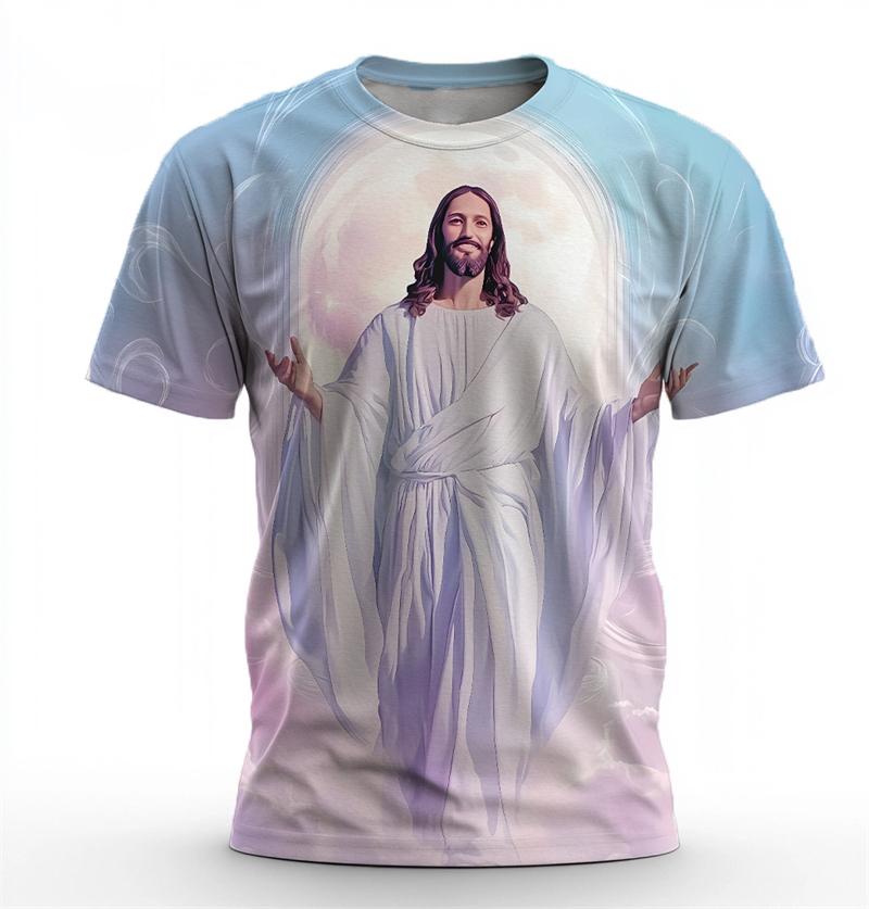 Camisetas Gráficas Tendência de Jesus Para Homens Moda Verão Streetwear Camisetas Cristãs Impressas em 3D Camisetas Frescas Oversized Gola Redonda Tops