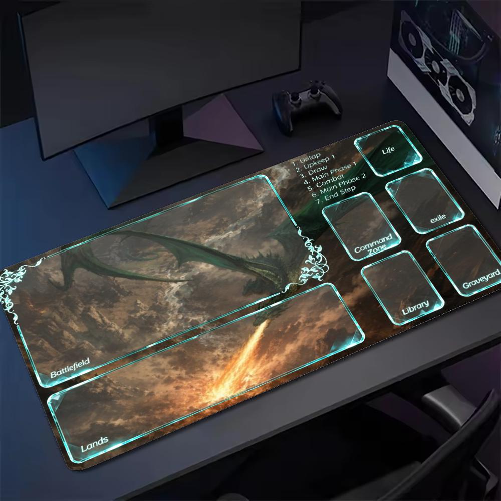 Dark Fantasy Green Winged Fire Dragon Large TCG Playmat MTG Card Mat Anti-Slip Stitched Edge Commander Tapete Magic Mtg