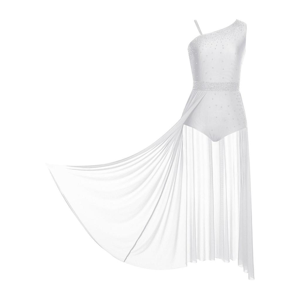 Womens Lyrical Dance Dress Glittery Rhinestones Asymmetrical Shoulder Sleeveless Split Sheer Mesh Performance Gown