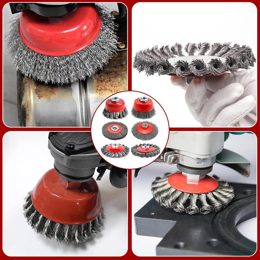 Set of 6 Hexagonal Wire Brush Set for Rust Removal and Paint Includes Impact Drivers with and End Wire M14 Hex Stripping. Cup, Wheel, Options, Shank.