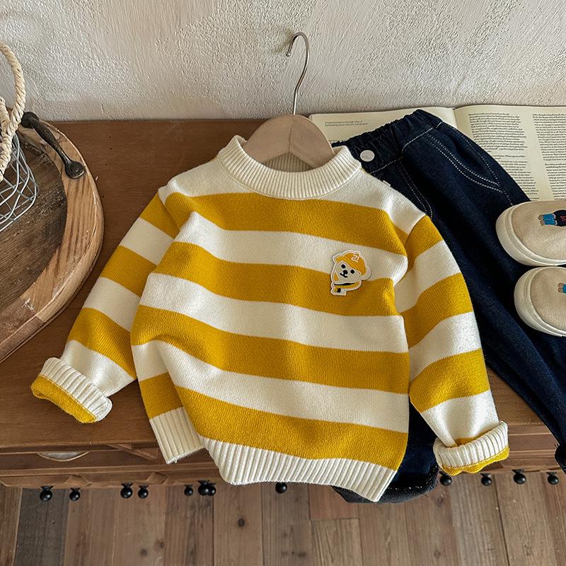 Boys  Cartoon Bear Striped Wool Sweater, Winter 2025 New Arrival for Kids 130cm