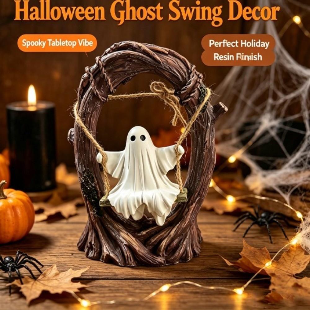 White Halloween Ghost Sculptures Cute Swing Ghost Decorations Bookshelf