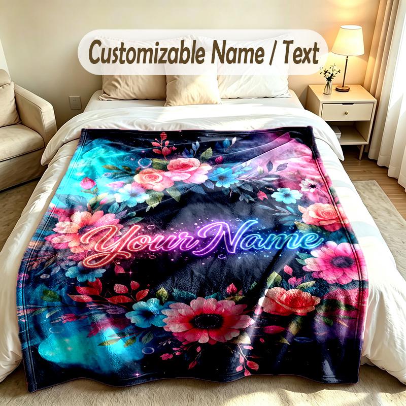 Floral Theme Custom Blanket Personalized Name & Text Customized Soft Warm Throw Blanket Home Decor