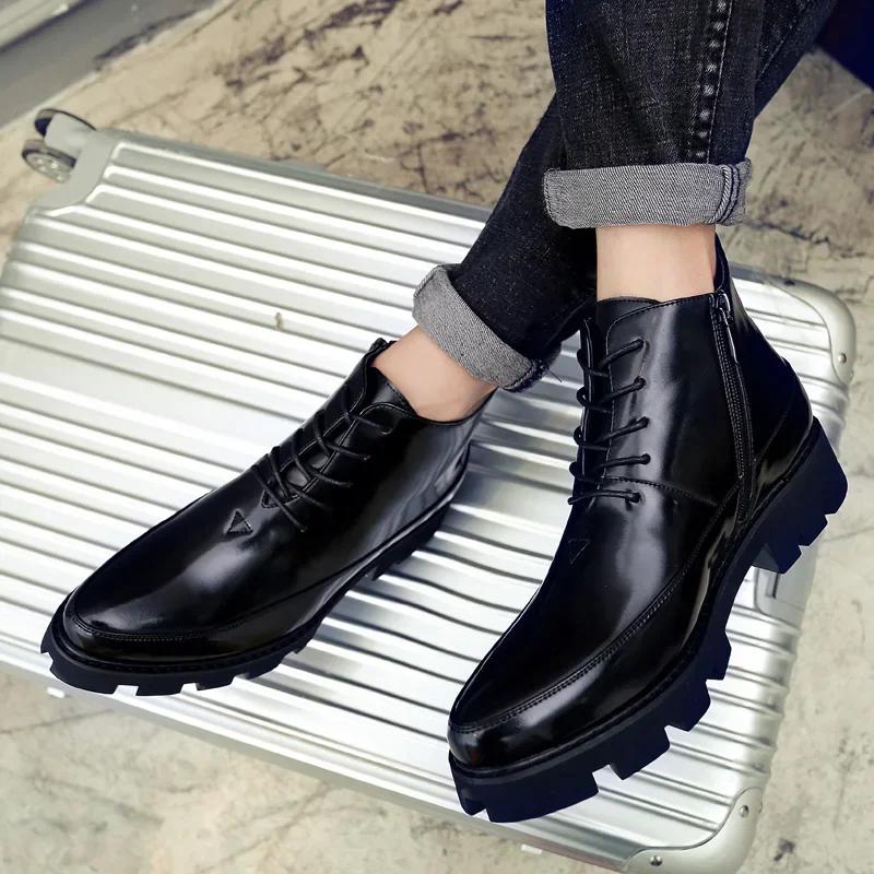 2024 Patent Leather Glossy High Top Pointy English Style Inside Heightening Men's Shoes Zipper Rivets Casual Leather Shoes