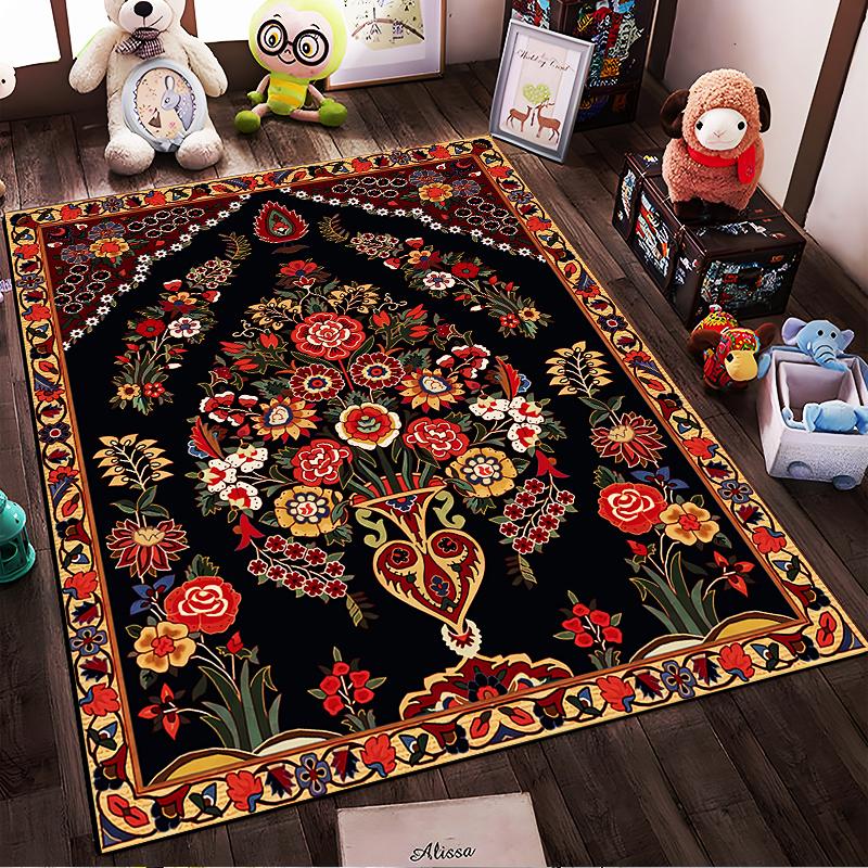 "Exquisite Floral Pattern Carpet, Black Background with Red Border" Suitable for Use As an Anti-slip for Living Room Bedroom Sofas