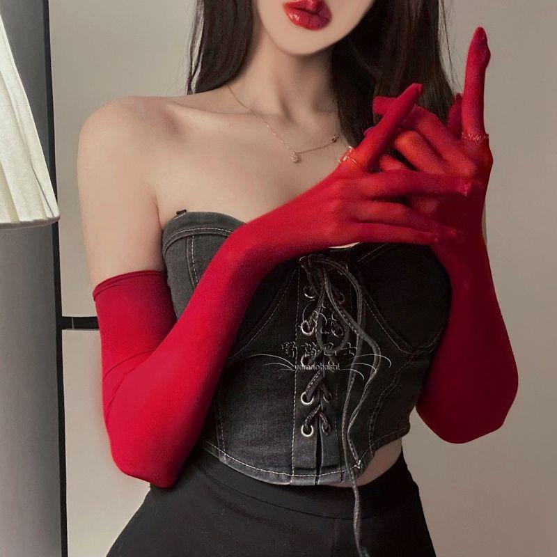 

Sexy Velvet Stockings Gloves Black Silk Seamless Silky Ultra-Thin Transparent Finger Division Bridal Wedding Dress Red All yards