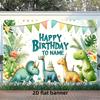 Watercolor Dinosaur Birthday Banner, 2D Flat Customizable Name Party Background with Tropical Leaves & Cute Dino