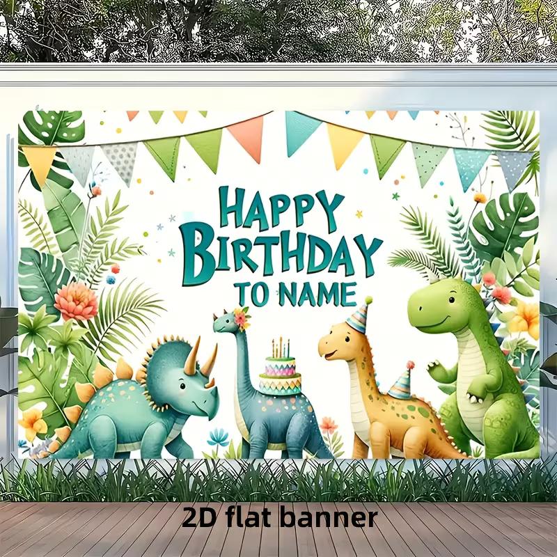 Watercolor Dinosaur Birthday Banner, 2D Flat Customizable Name Party Background with Tropical Leaves & Cute Dino