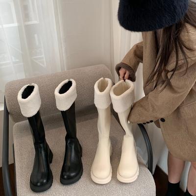 Korean Version of Thick-soled High Boots for Women's 2025 Autumn and Winter New Plush Flanged Cotton Boots, Small and Thin Fashion Boots