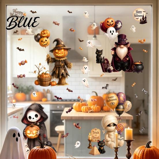 Waterproof Pumpkin Ghost Murals 4Pcs Halloween Cartoon Window Clings Scarecrow Stickers Fall Festival Ornaments Removable Decals for Home Storefront