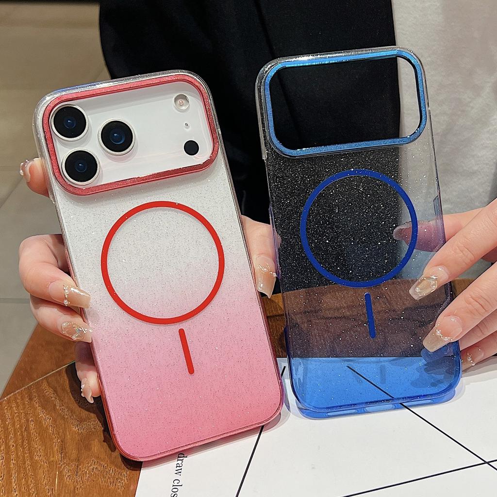 Für Apple 17 Promax Dünner Ring Magnetische Handyhülle für IPhone 16 Farbverlauf Glitzer Metall Linsenring 15 Hart