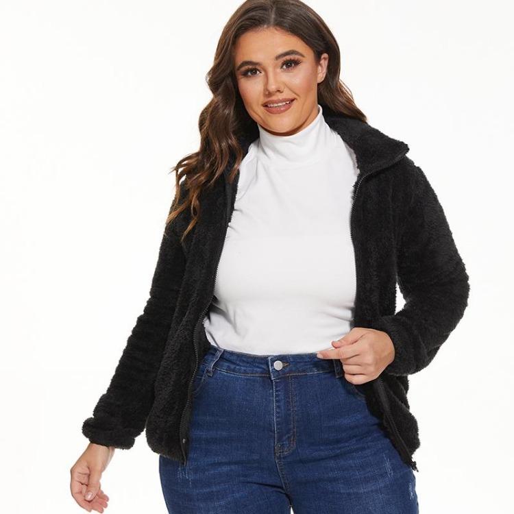 Warmer Wintermantel Damen Schwarz Fleece Stehkragen Langarm Reißverschluss Damen Herbstmantel