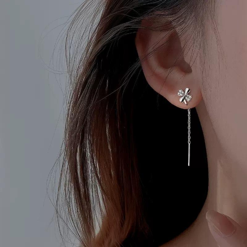 S925 Silver Clover Ear Lines Earrings Minority All-Match Design Ins Phoenix Fresh Tassel Earrings Silver Accessories