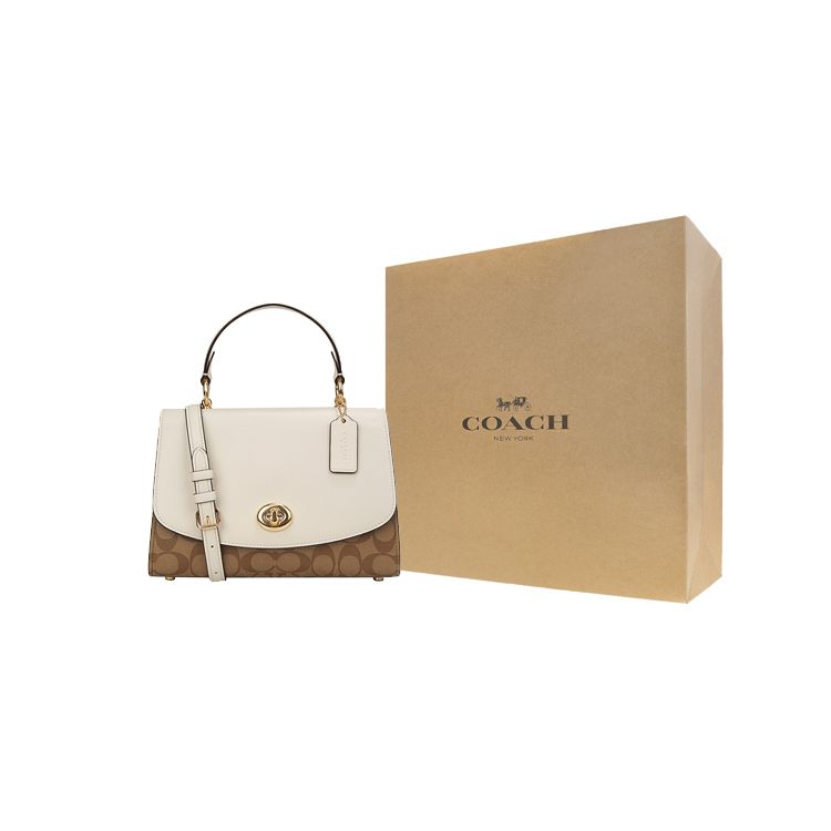 Coach Tilly Monogram Color Block Canvas And Leather Tote Crossbody Shoulder Bag Medium Women bags White Brown 76620-IMDJ8