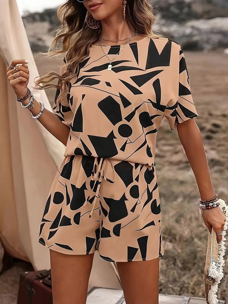 1116 European and American Spring and Summer New Hot-selling Women's Clothing Printed Short-sleeved Crew Neck Set