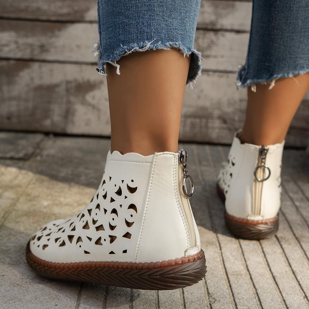 New Women's Round Toe Hollow Cutout Boots Retro Back Zipper Sandal Boots