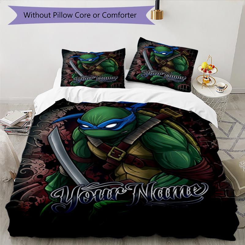 3pcs Custom Name Turtle Power Printed Bedding Set Duvet Cover Closure Includes 1 Duvet Cover & 2 Pillowcases, Soft and Comfortable for All Seasons.