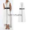 Summer Women's Clothing Loose with Belt Round Neck Contrast Color Trim Poplin Sleeveless Midi Skirt Dress 0387081