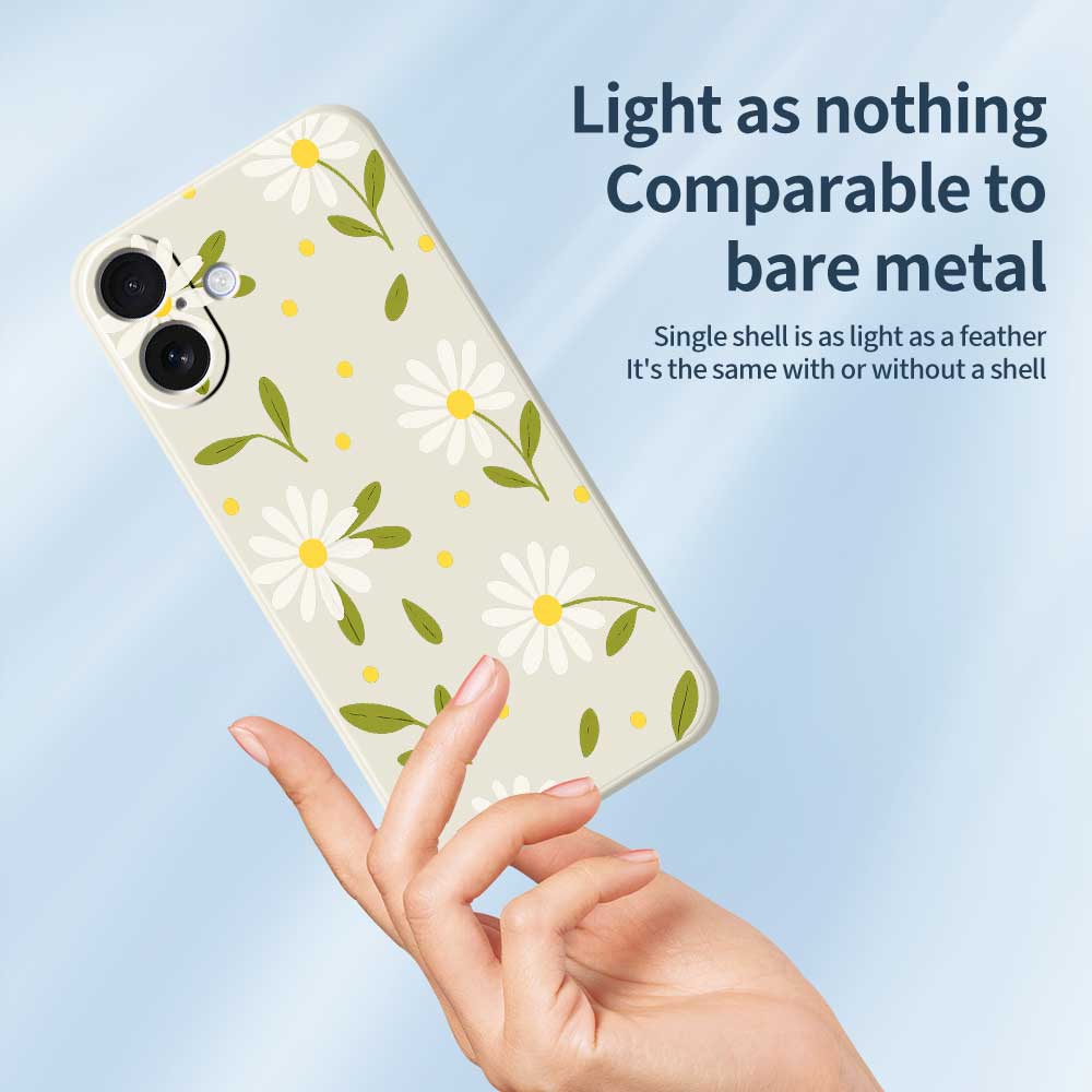 For iPhone 17 Case White Flowers Green Leaves Pattern Printing Straight Edge TPU Phone Back Cover