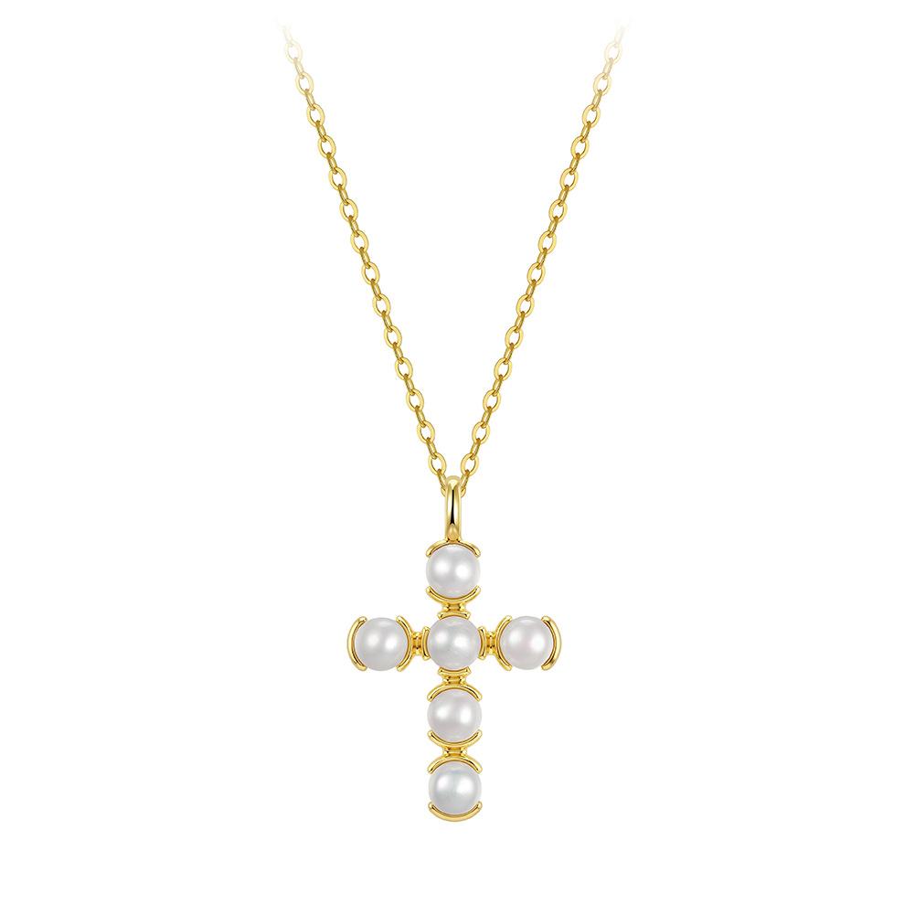 Trendy Oem Women s Summer Gold Plated 925 Silver Cross Charm Pendant Necklace 16inches&14k gold cross pearl necklace