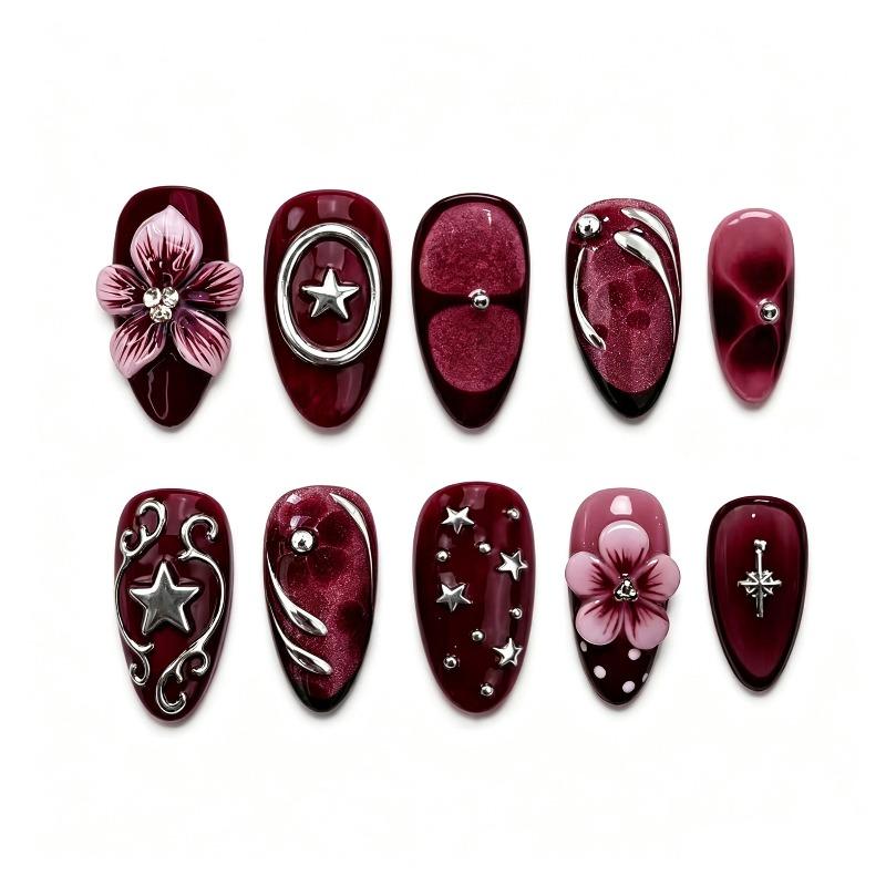 24PCS Wine Red 3D Flowers Almond Press On Nails Sweet Cool Dark Metallic Silver Star Patterns French False Nails Full Cover Tips
