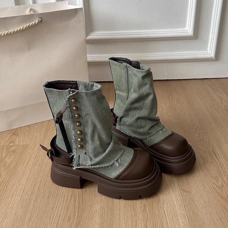 British Style Platform Soles Thick Heel Trousers Boots Boots Women's 2025 New Summer and Autumn with Skirts Western Denim Martin Boots