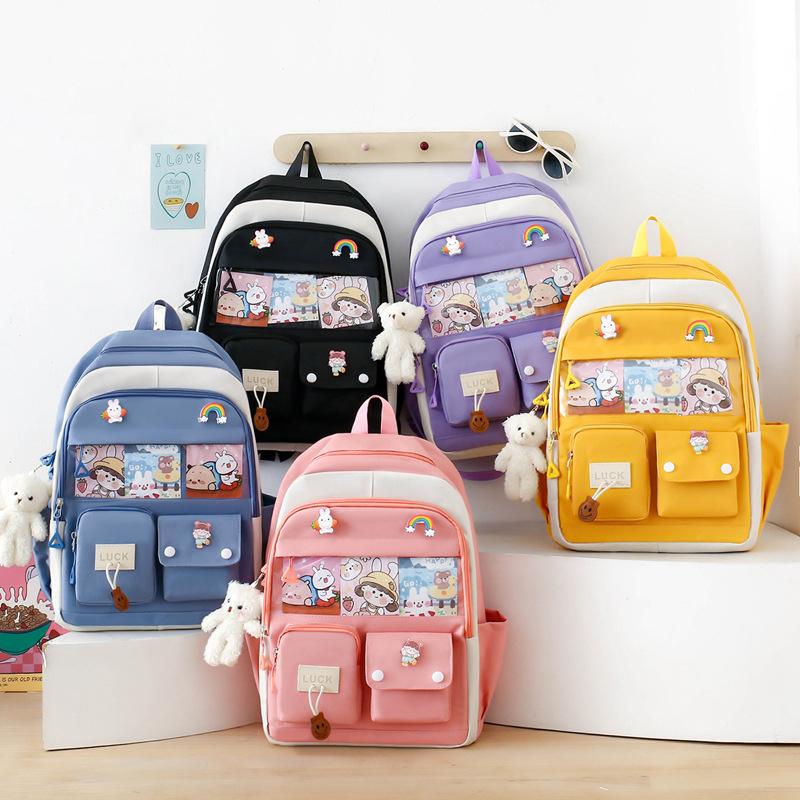 Five-Piece Backpack Set Women's Color Block Backpack Student Schoolbag Large Capacity Backpack