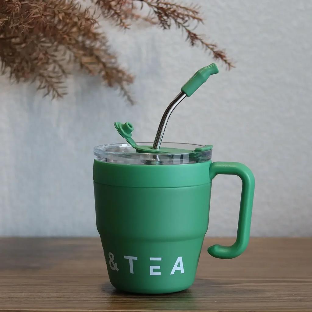 480ml Portable Coffee Mug with Straw Lid Stainless Steel Thermos Mug for Cold Drinks Water Tea Milk Cups Outdoor Bottle