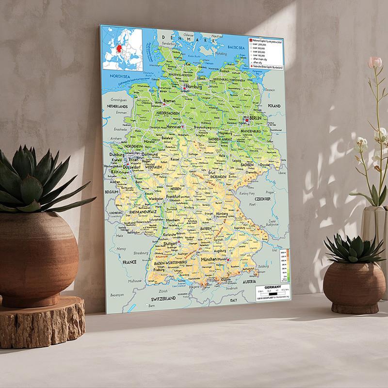 Unframed English-Germany Map-Geographic Map,Wall Decor for Home,Classroom,Indoor/Outdoor Use,Educational Poster,Travel Tools
