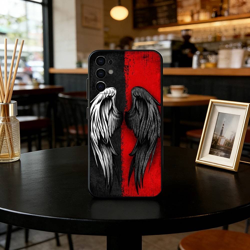 Angel wings Phone Case Black Silicone Soft For Samsung S25,S24,S21,S22,S23,S30,Ultra,S20,Plus,Fe,Lite