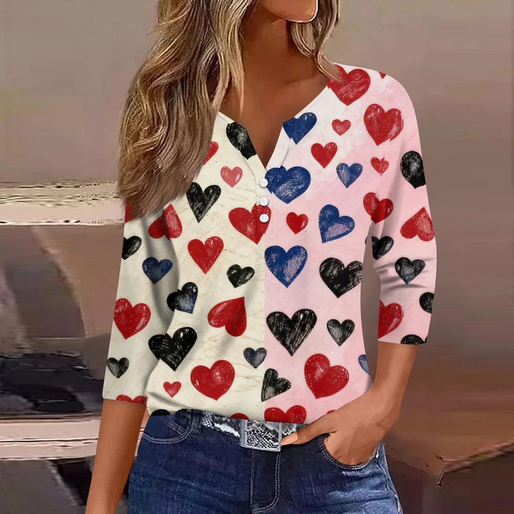 Women's Fashion Button-Up V-Neck Three-Quarter Sleeve Valentine's Day Print Top
