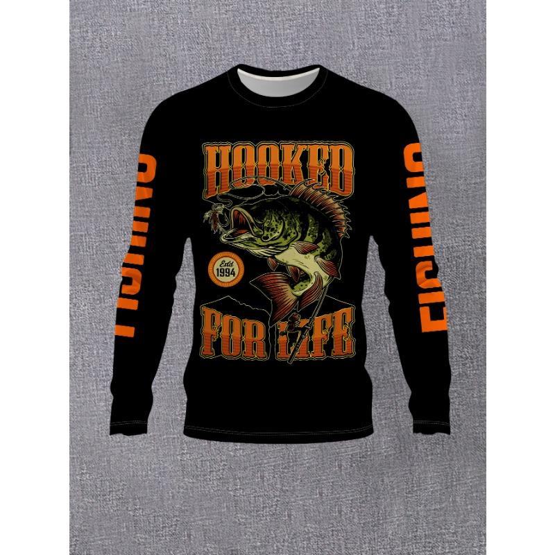 Men'S Round Neck Long Sleeve T-Shirt, Fishing Theme Print Casual Top