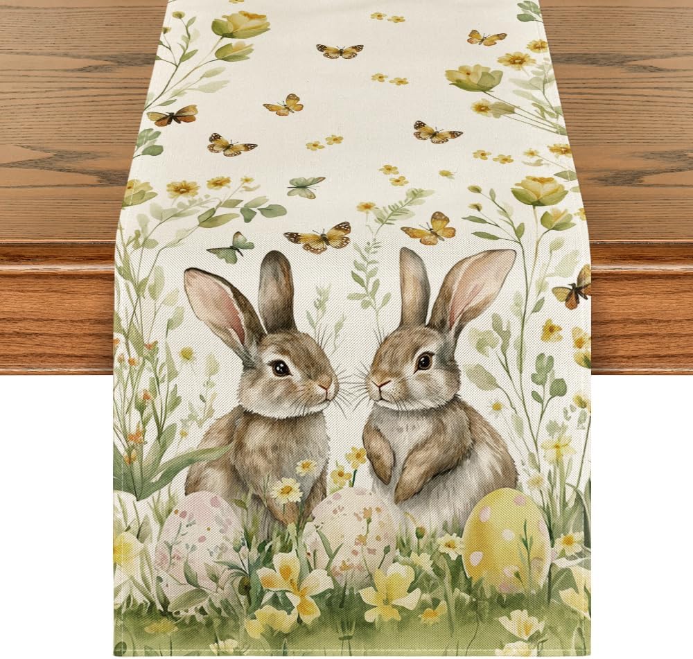 Osterhase Eier Schmetterling Floral Leinen Tischläufer Feiertagsparty Deko Frühling Küche Esstisch Läufer Osterdekorationen