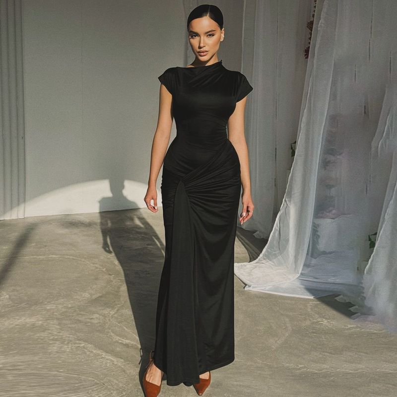 Dress Summer 2024 New Arrival Slim Fit Long Dress Fashion Wind Sexy Waist Trimming Twist Split Short Sleeve Dress