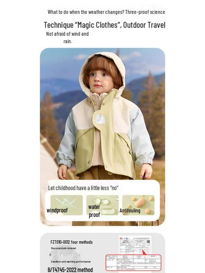 Jingqi Kids' Waterproof 3-in-1 Insulated Windbreaker with Hood for Boys and Girls - Fall/Winter.