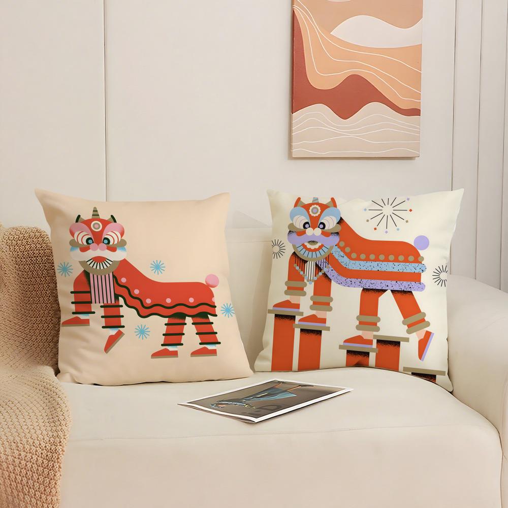 Oriental Festive Lion Print Cushion Cover Silky Elegant Comfort Sofa Bed Invisible Zipper Beach Pillowcase