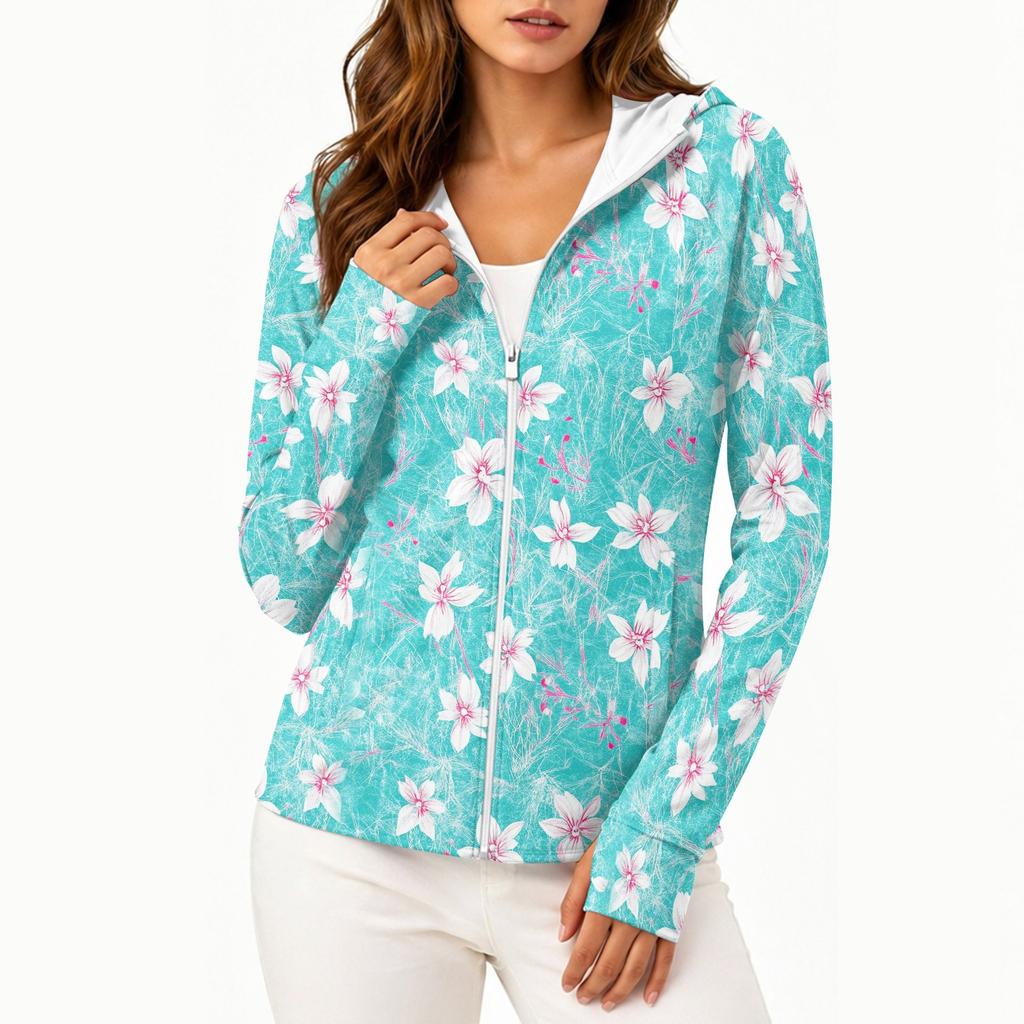Women's Lightweight Hooded Sun Protection Jacket Full Zip Long Sleeve with Pockets Floral Print Casual Outdoor Lightweight Cover Up