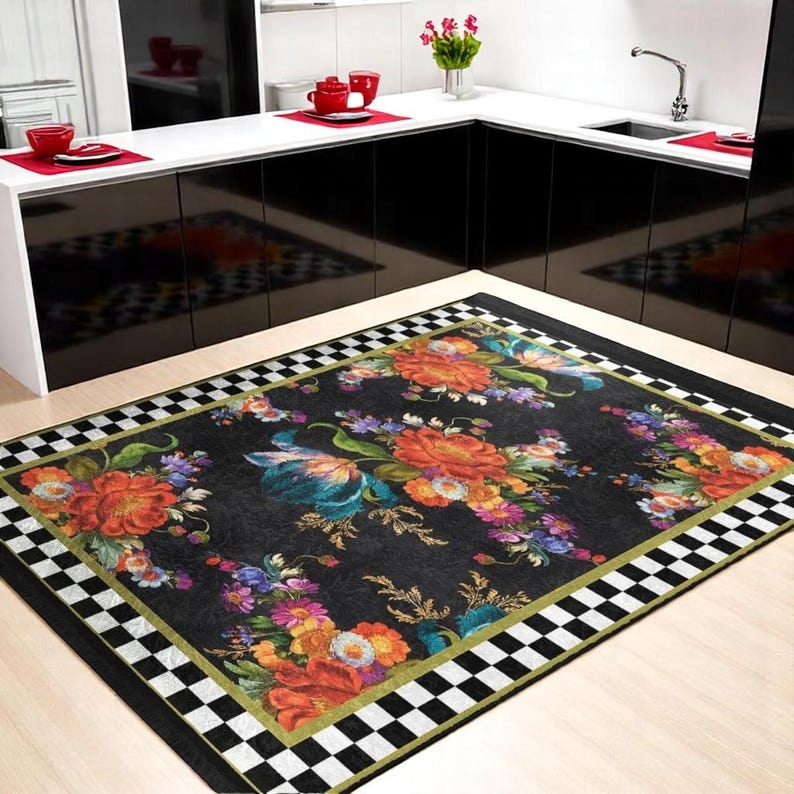 Bold Boho Flower Black Background Accent Mat Purple Blue Orange Floral DecorCheckered Edge CarpetWashable Rug