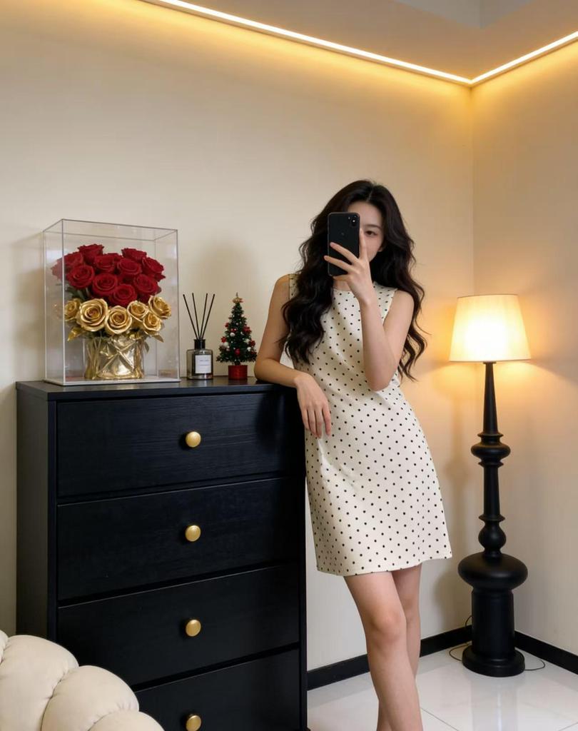 Women's Summer Retro Polka Dot Sleeveless Dress with Round Neck and Back Cutout