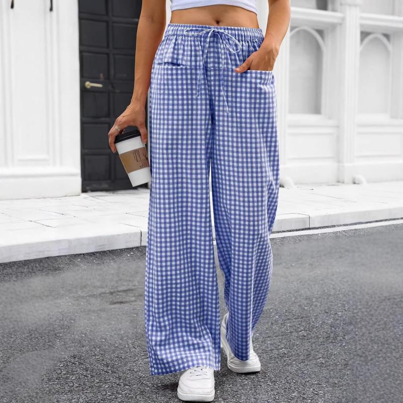 Women's Summer Gingham Wide Leg Pants Drawstring Pocket Trousers