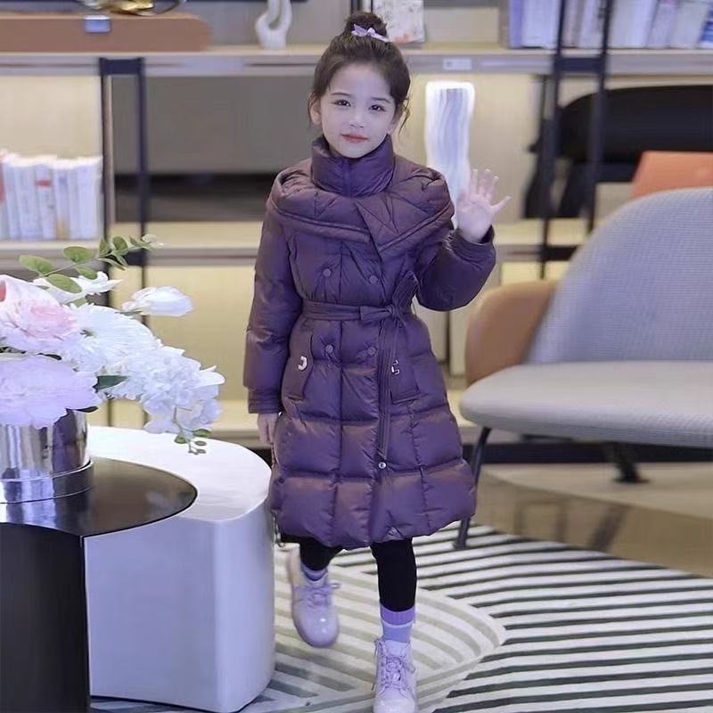 

Девичья куртка длинного стиля, девичья куртка зимняя, однотонная, толстая, теплая, с капюшоном, тренч для детей 5-10 лет, хлопковый пуховик, сноусьют 140 фиолетовый