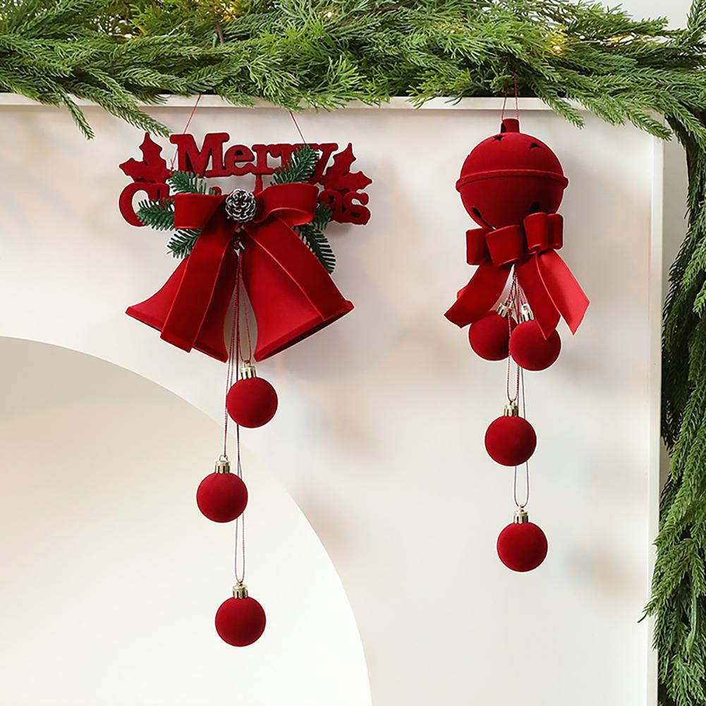 Christmas Tree Flocked Bell Decoration Red Scandinavian Christmas Bell with Ribbon Hanger Mantel Door Hanging Bell Ornament