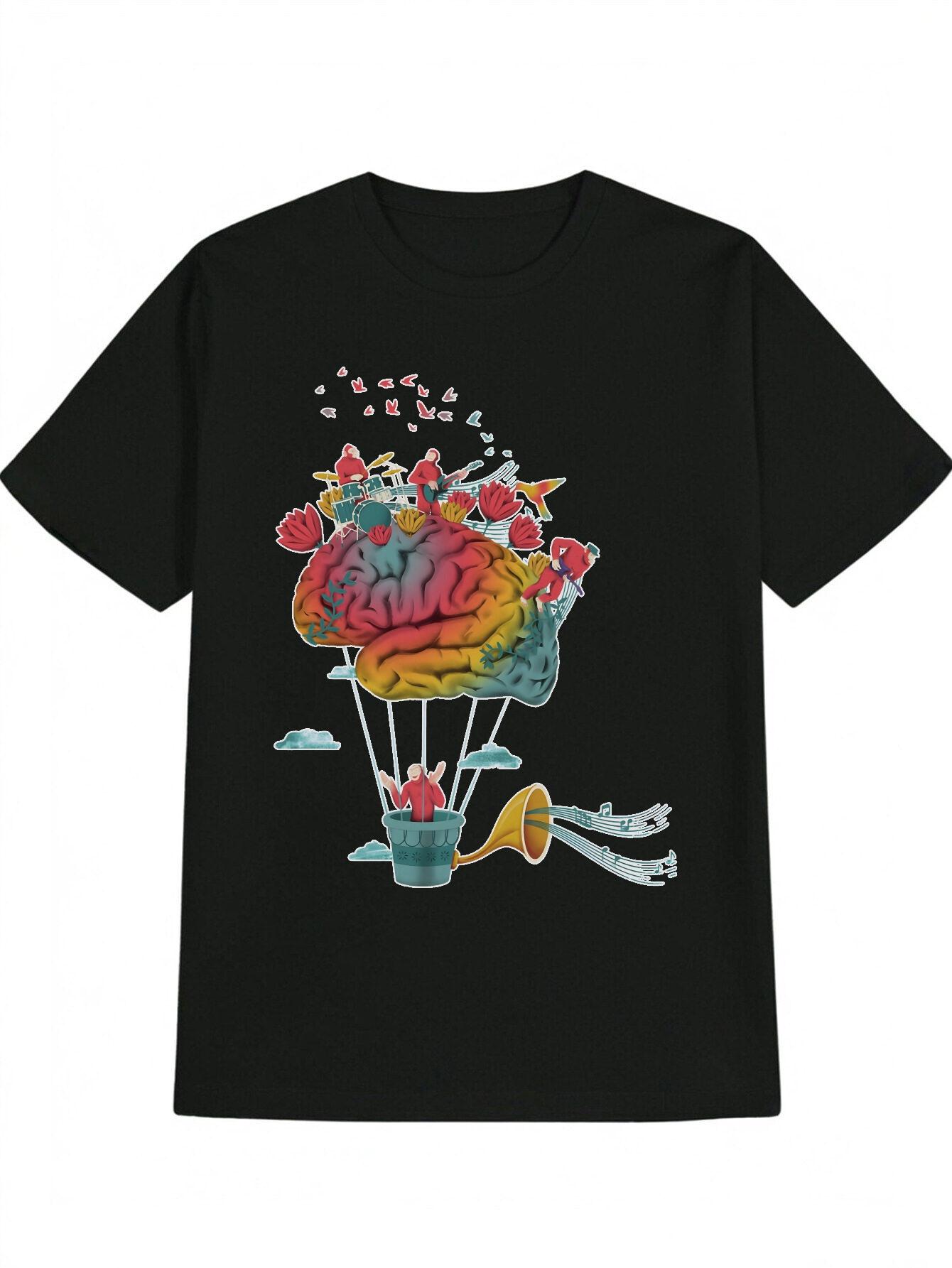 Casual Graphic T-shirt with Colorful Brain & Floral Print M