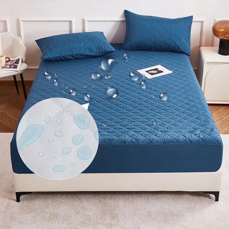 Waterproof Quilted Fitted Sheet Soft Solid Color Mattress Cover for All Seasons Non Slip Mat with Elastic Band