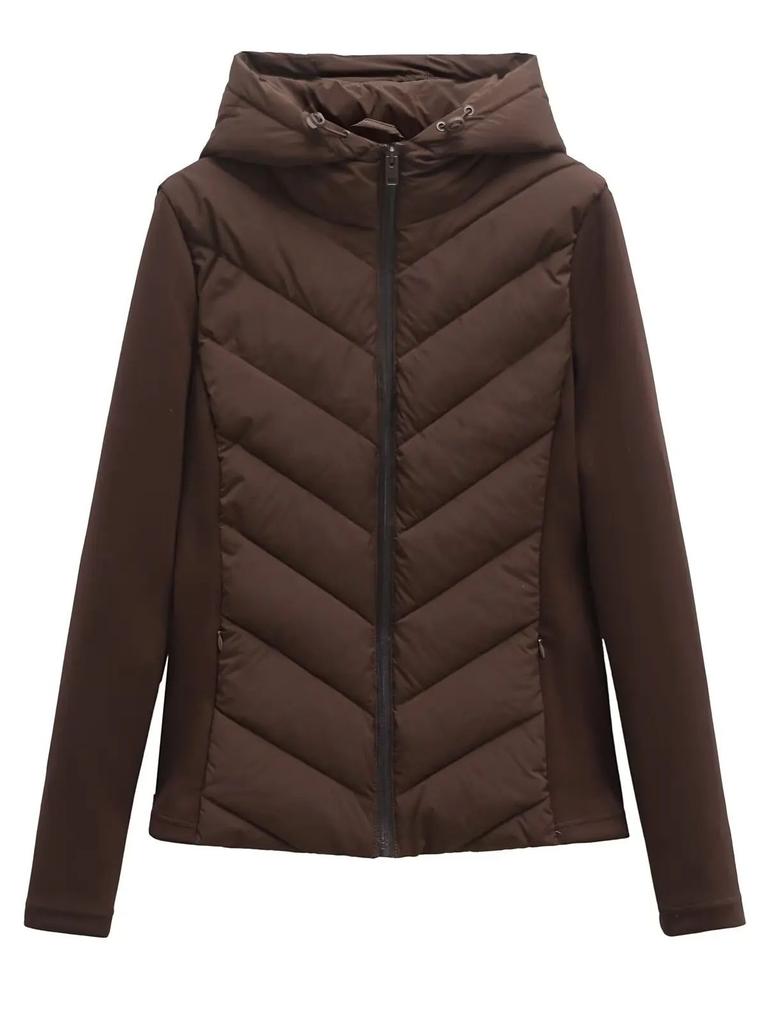 Autumn and Winter Women's Zipper Trim Patchwork Long-sleeved Hooded Cotton Jacket Coat